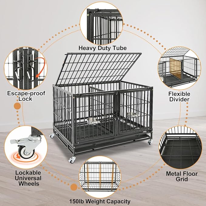 Homey Pet 43 inch Dog Crate Stackable Heavy Duty Dog Kennel Indoor Dog Grooming Cage with Detachable Divider, Removable Tray, Wheels, Feeding Bowls (2 Tiers)