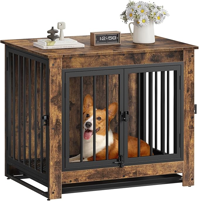 Dog Crate Furniture, 29 Inch Indoor Dog Kennel for Small Dogs Up to 30 LBS, Heavy Duty Wooden Pet Cage End Table with 3 Doors, Alloy Steel Frame & Removable Tray