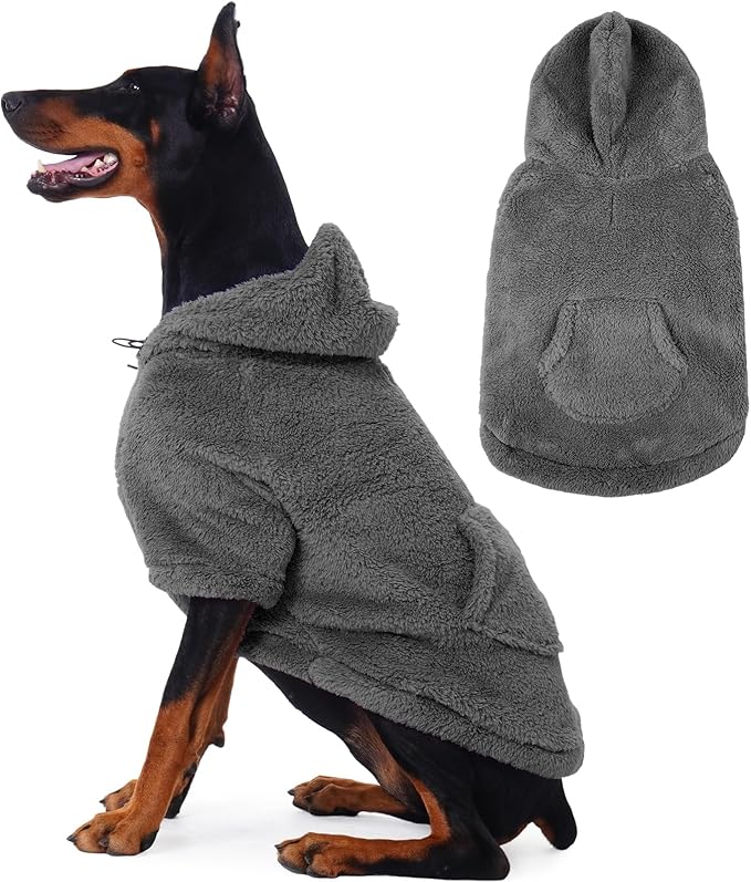 IDOMIK Fuzzy Dog Sweater with Adjustable Hood, Warm Fleece Dog Sweater Hoodie with Harness Hole & Pocket, Pullover Sweaters for Large Dogs, Fuzzy Hooded Sweatshirt for Fall Winter Christmas,Grey,2XL