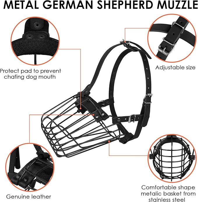 German Shepherd Dog Muzzle Metal Basket for Medium Large Dogs Adjustable Durable Leather Straps Secure Wire Mask for Biting Chewing Barking (M - Size)