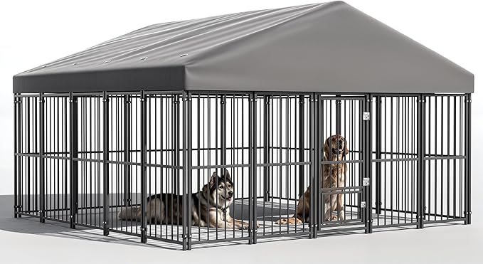 Large Dog Kennel Outside 10X10FT Heavy Duty Dog Cage with Feeding Door, Outdoor Dog Run with Roof and Double Safety Locks for Pets Enclosures
