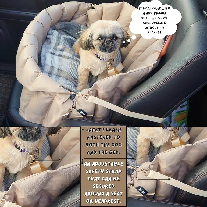 ZEPA Dog Car seat for Small Dogs, Dog Carrier for Small Dogs, Washable Oxford Fabric with Sherpa Pillow Adjustable Straps and Clip-on Leash Travel Carrier Bed 25Lb (Large)