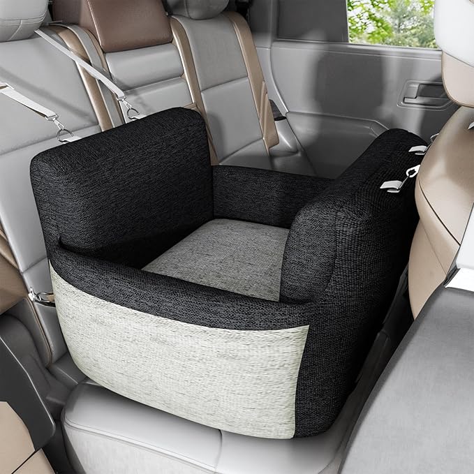 Dog Car Seat for Small Dogs,Waterproof Dog Booster Car Seat with Storage Pockets,Pet Carseat Puppy Travel Carrier Bed,Thickened Memory Foam Filling, Black & Grey