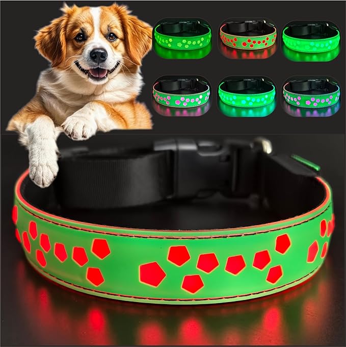 Personalized Light up Black Dog Collar with airtag Holder for Night Walk (Green Collar 15 Modes Lighting, S(7.87-11.8"))