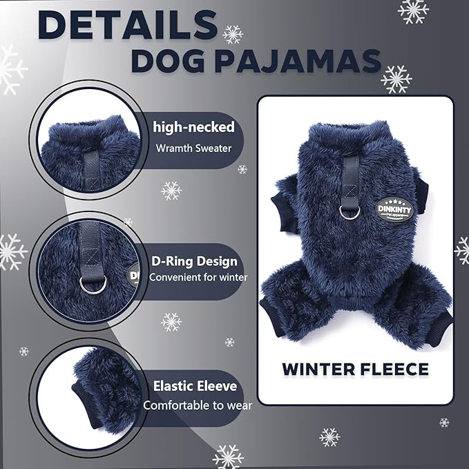 Fleece Dog Pajamas Winter Warm Dog Sweater for Small Dogs Thermal Soft Puppy Pjs Coat Stretchy Jumpsuit Doggie Pet Clothes Outfits Cat Apparel (Navy Blue, Large)