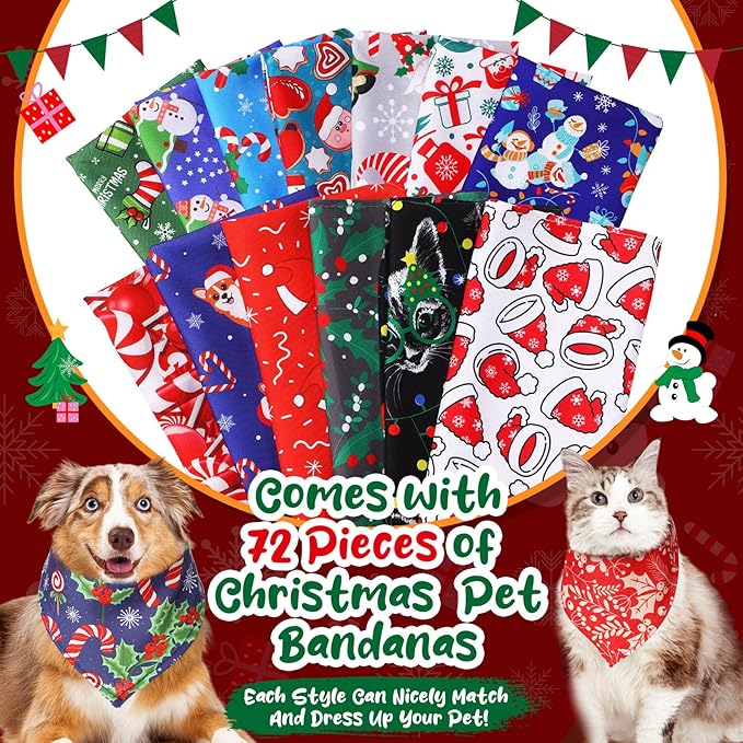 Reginary 72 Packs Christmas Dog Bandanas Bulk Santa Pet Scarf Bibs Triangle Dog Bibs Adjustable Bandana for Pet Costume Accessories