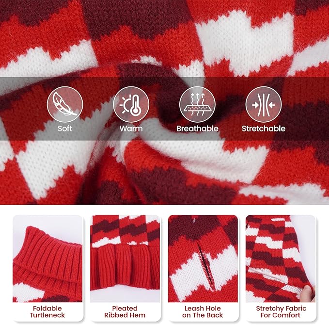 Dog Sweaters for Large Dogs Girl, Dog Sweater Dress with Leash Hole, Thick Turtleneck Knitwear for Female Dogs, Warm Fall Winter Dress for Cold Weather, Thanksgiving, Christmas - Red XXL