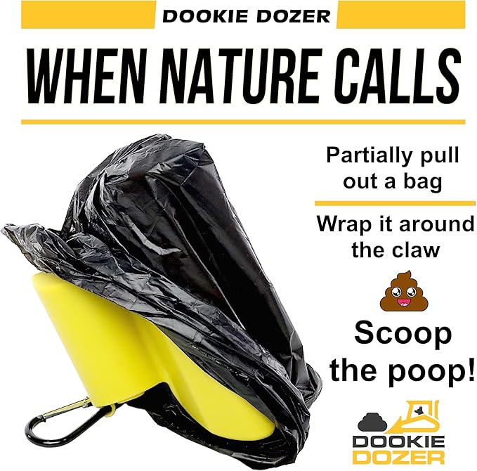 Dookie Dozer Innovative Dog Pooper Scooper with 5 Rolls Dog Poop Bags - Compact, Portable, Easy to Use - Carabiner Attaches to Leash