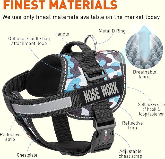Dogline Unimax Dog Harness Vest with Nose Work Patches Adjustable Straps Breathable Neoprene for Identification Training Dogs Girth 28 to 38 in Blue Camo