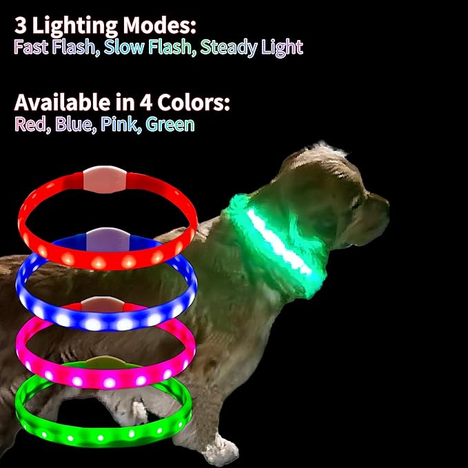 Rechargeable LED Dog Collar with Soft Silicone,Adjustable Glowing Safety Collar for Night Walks,3 Lighting Modes (Fast/Slow Flash/Steady),4 Colors (Red/Blue/Pink/Green),Fits Multiple Dog Sizes (Red)