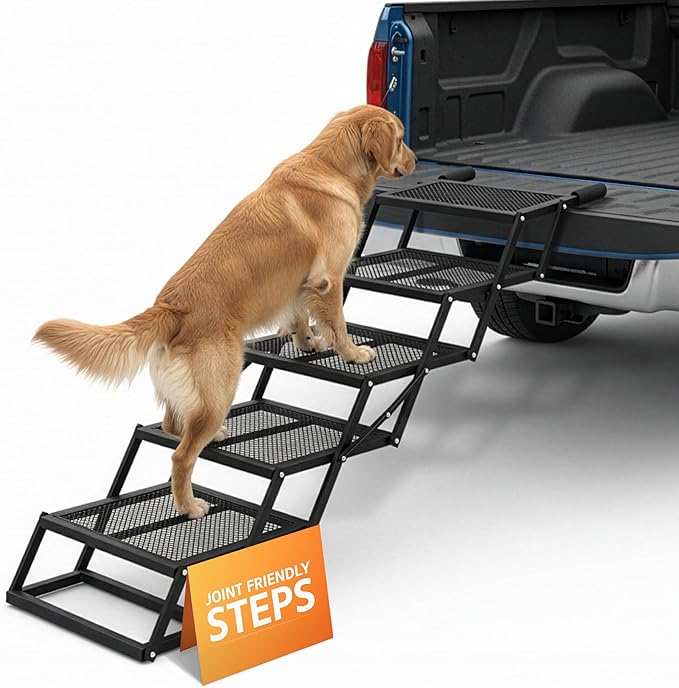 Foldable 5-Step Dog Stairs for Cars, Trucks & SUVs – Heavy-Duty Carbon Steel Pet Ladder Supports 230LB, Non-Slip Metal Mesh, Joint-Friendly Portable Ramp for Large & Small Dogs