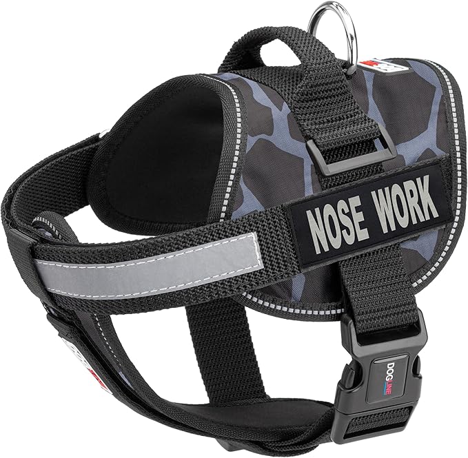 Dogline Unimax Dog Harness Vest with Nose Work Patches Reflective No-Pull, Adjustable Straps, Breathable Neoprene for Medical, Service, Identification and Training Dogs Girth 15 to 19" Giraffe Gray