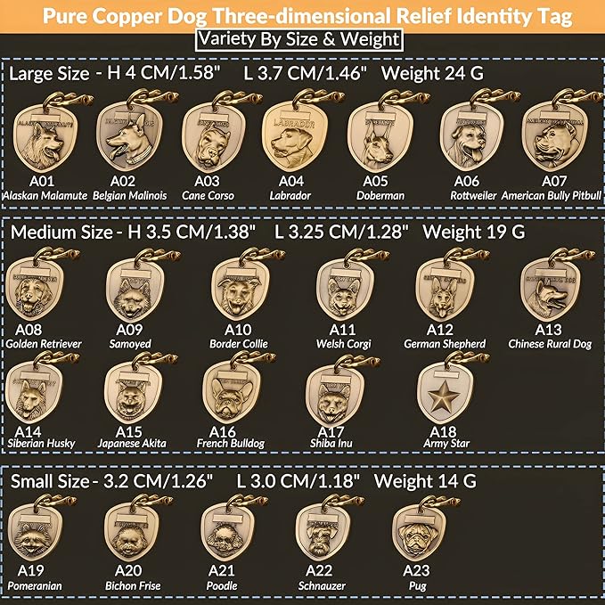 Vintage Pure Copper Personalized Dog Tags, Three-Dimensional Relief Pet Pattern, Custom Pet Tags (A10-Border Collie)