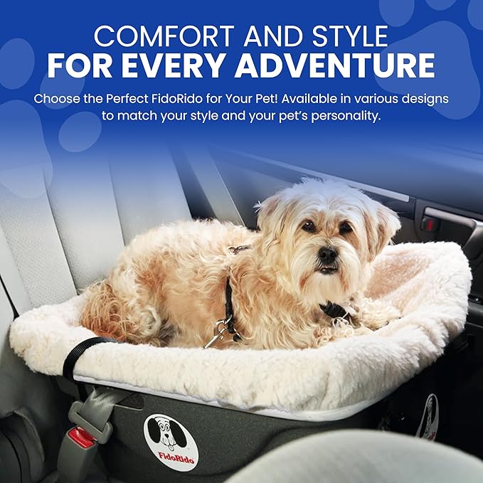 FidoRido Dog Car Seat - Pet Booster Seat for Small to Large Dogs with Comfortable Cushions, Sherpa Cover, and Safety Straps, Easy to Install, Ideal for Travel, Beige Sherpa - Large Harness