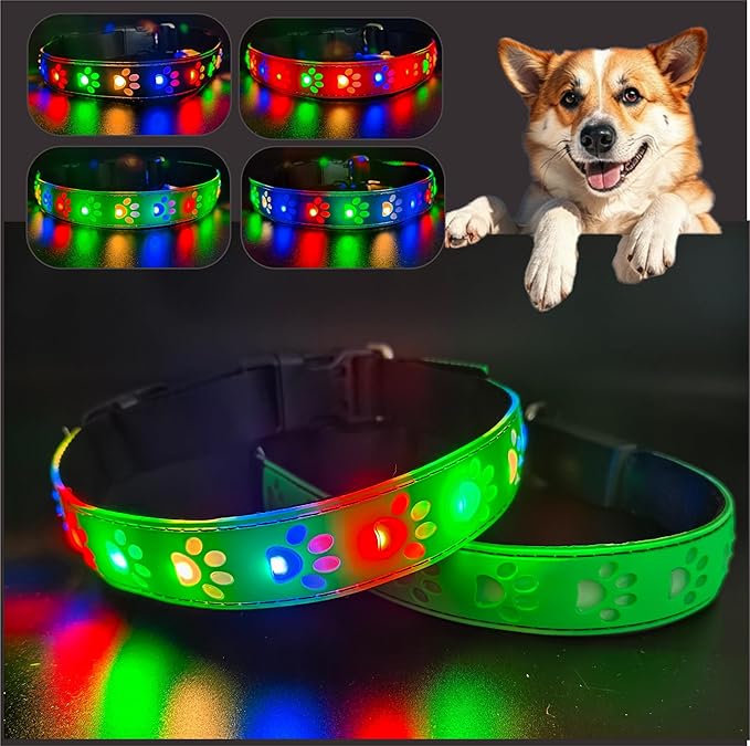 LED Light Up Dog Collar, USB-C Rechargeable, Multicolor Paw Print Design, 15 Modes Lighting Night Safety (Green Pro, L(15.7-19.7"))