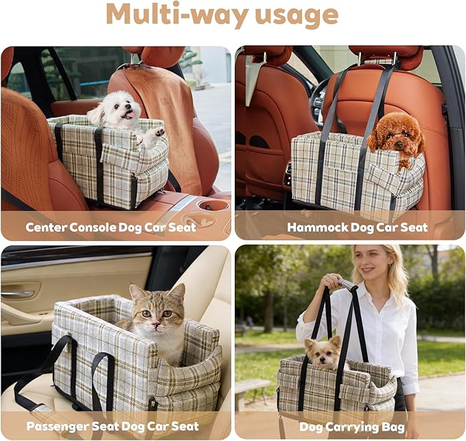 Dog Car Seat for Small Dogs - Portable Center Console Booster Seat with Anti-Collapse Design & Safety Tethers, Pet Travel Carseat Up to 15 lbs- Beige