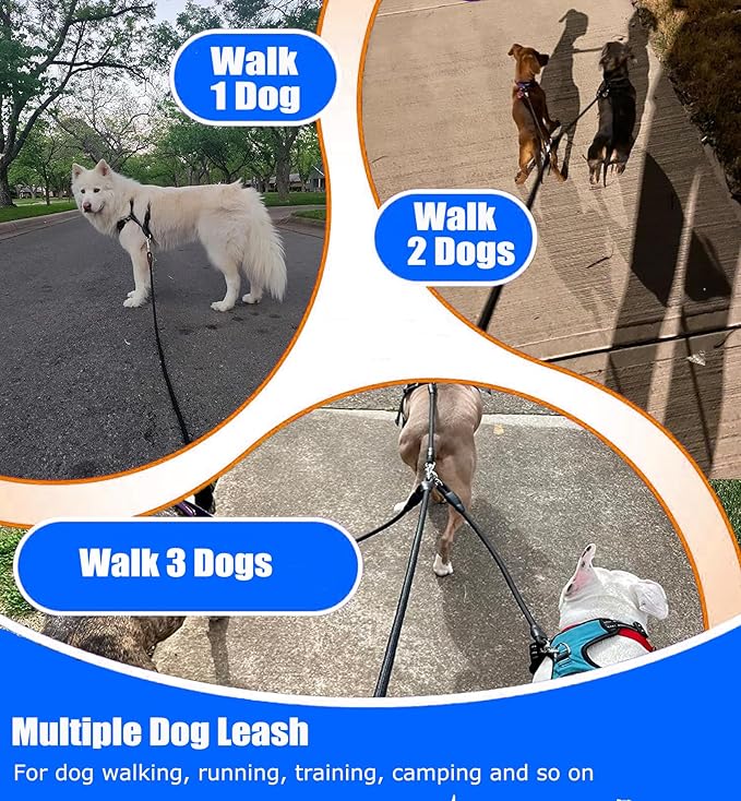 Heavy Duty 3 Dog Leash for Large Dogs No Tangle Detachable 360° Swivel Device with Padded Handle for Two/Three Pets