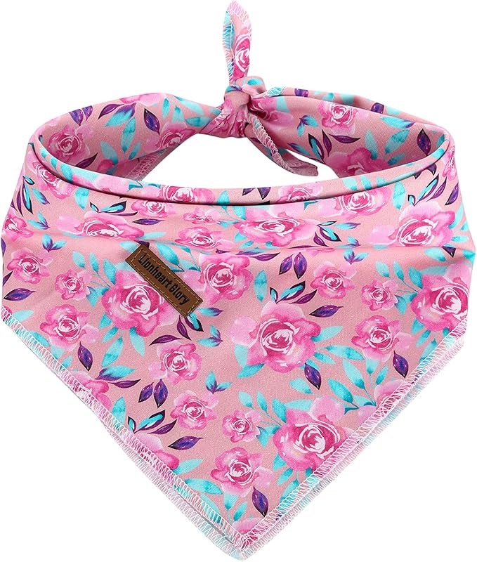 Lionheart glory Pink Dog Bandana 1 Pack Washable Soft Cotton Floral Bibs Scarf, Adjustable Kerchief Square Dog Bandanas for Large Dogs