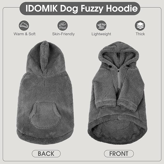 IDOMIK Fuzzy Dog Sweater with Adjustable Hood, Warm Fleece Dog Sweater Hoodie with Harness Hole & Pocket, Pullover Sweaters for Small Dogs, Fuzzy Hooded Sweatshirt for Fall Winter Christmas,Grey,XS