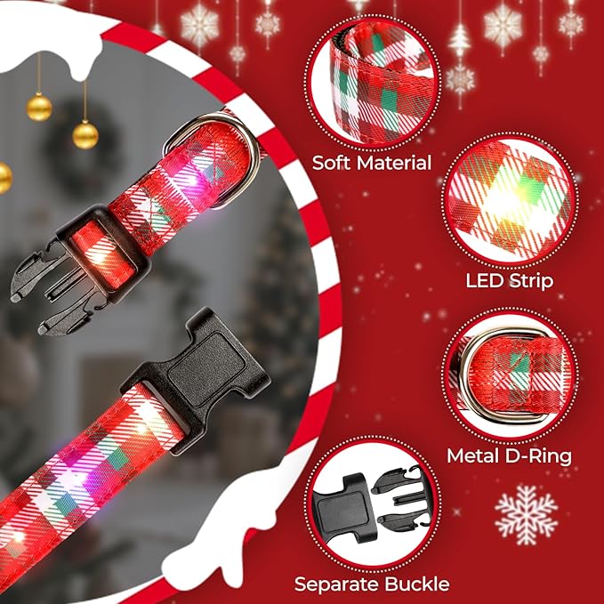 Christmas Light Up Dog Collar, LED Dog Collar Glow in The Dark - USBC Rechargeable, Adorable Plaid Pattern Christmas Collar for Medium to Large Dogs - Comfortable & Cute Xmas Dog Collars, Plaid L