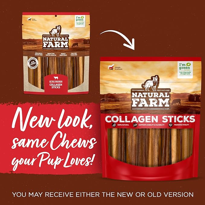 Natural Farm Collagen Sticks (6 Inch, 20 Pack). Odor-Free, 95% Natural Collagen Dog Chews, Supports Healthy Joints, Skin & Coat - Best Rawhide Alternative for Small & Medium Dogs