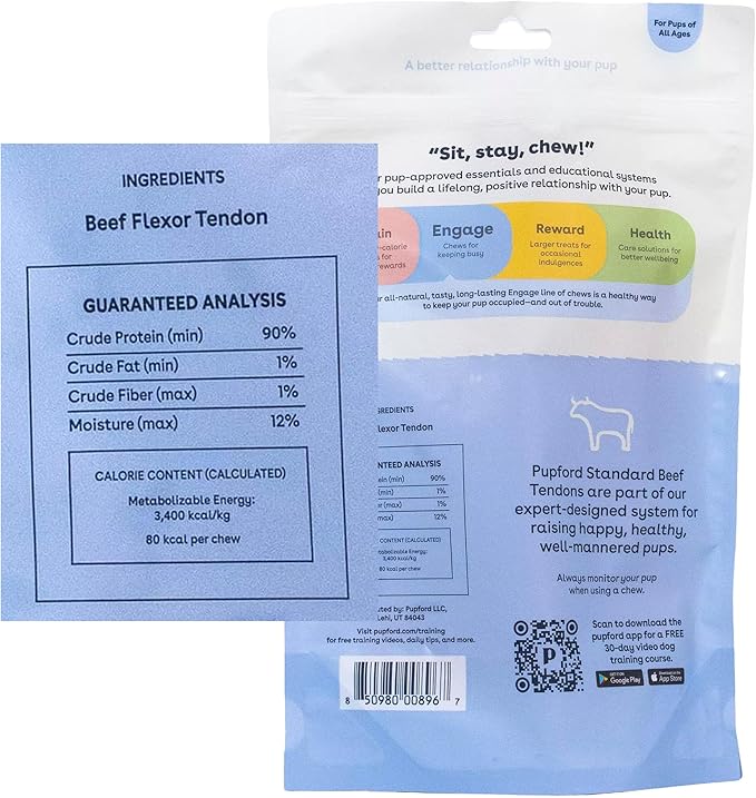 Pupford Standard Beef Tendon Chews for Dogs & Puppies, All-Natural Dog Chew with Glucosamine for Joint Health, Long-Lasting Toy, Great for Teething (10 Count)