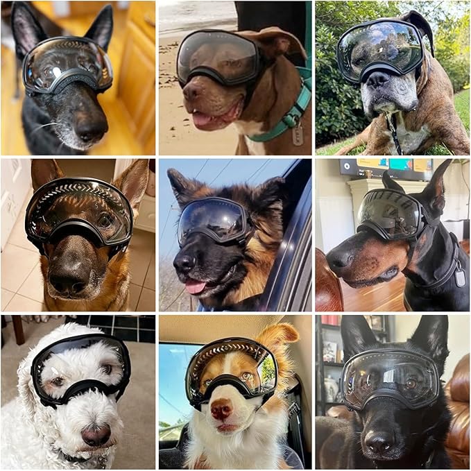 NAMSAN Dog Goggles for Large Dogs, Clear Lenses, Dog Sunglasses Medium to Large Breed, Anti-UV Doggie Eye Protection, Adjustable Driving Glasses, Windproof Dustproof, Black