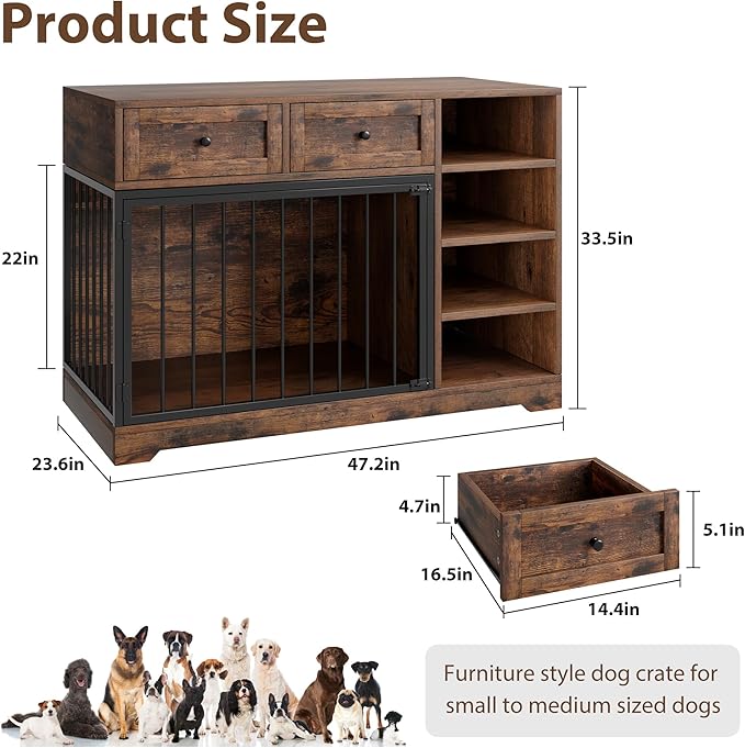Dog Crate Furniture 47", Large Dog Crate TV Stand with 2 Drawers and 4 Shelves, Wooden Dog Kennel Indoor, Decorative Dog Cage with Storage for Large Dogs, Brown
