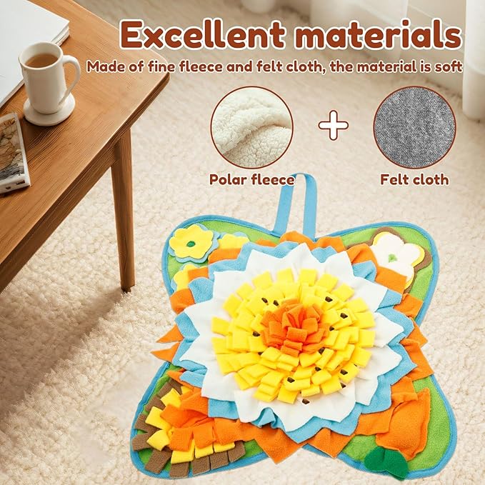 Snuffle Mat for Dogs Cats Rabbits, Plush Fabric Flower Shape Slow Eating Mat with Anti-Slip Bottom, 23.62 x 23.62 inch for Small & Medium, Rabbit Foraging Mats, Relieve Anxiety