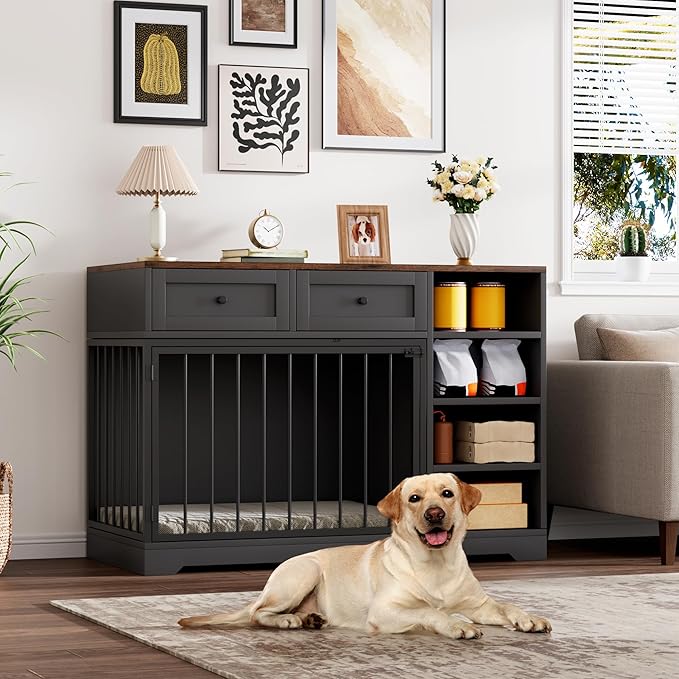 Dog Crate Furniture 47", Large Dog Crate TV Stand with 2 Drawers and 4 Shelves, Wooden Dog Kennel Indoor, Decorative Dog Cage with Storage for Large Dogs, Black