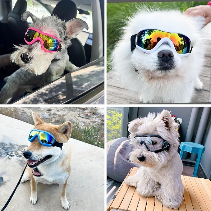 Dog Goggles Small Breed Dog Sunglasses with Adjustable for UV Protection Eyewear Doggy Doggie Puppy Glasses Anti-Fog Wind Dust Snowproof (Green Frame Red Lens)