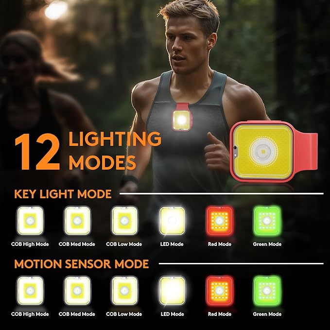 Yls Running Lights for Runners, Rechargeable Clip on Light with 12 Lighting Modes, LED Night Safety-Light for Walking, Camping, Hiking, Jogging, Outdoor Adventure, Red