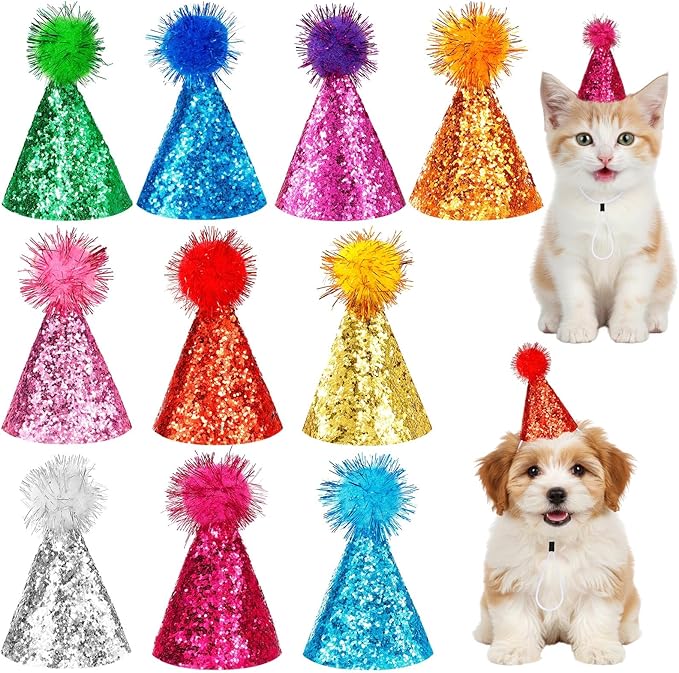 Mini Party Hats, 10Pcs Small Birthday Hats with Sequins for Stuffed Animals, Glittery Cone Party Hats with Pom-Pom Top for Dogs Cats Puppies Kittens, Colorful Festive Birthday hat for Pet Celebrations