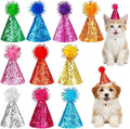 Mini Party Hats, 10Pcs Small Birthday Hats with Sequins for Stuffed Animals, Glittery Cone Party Hats with Pom-Pom Top for Dogs Cats Puppies Kittens, Colorful Festive Birthday hat for Pet Celebrations
