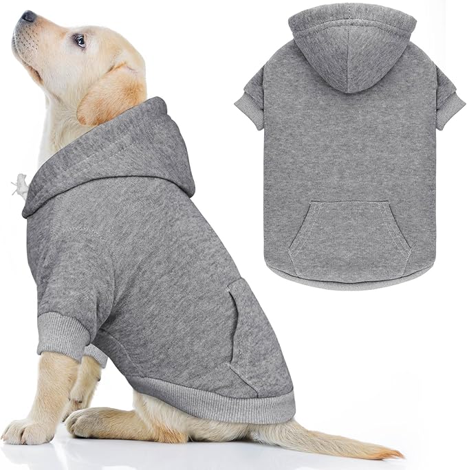 Dog Hoodie Dog Sweaters for Large Dogs Pet Sweater Solid Soft Brushed Fleece Pet Clothes Hoodie Sweatshirt with Pocket(Grey-L)