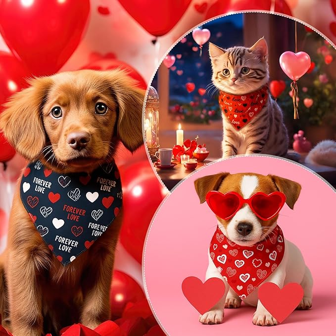 Weewooday 50 Pcs Valentine's Day Dog Bandanas Bulk for Dogs Soft Bibs Adjustable Triangle Heart Lips Bandana for Small Medium Large Pet Costume(Valentine, 19.7 x 13.8 x 13.8 Inch)
