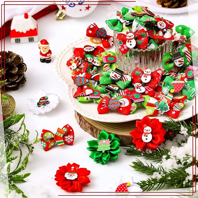 Weewooday 70 Pcs Dogs Hair Holiday Dog Bows Bowtie with Rubber Band Pet Hair Accessories Puppy Bowknot Topknot Pet Grooming Bow for Holiday Christmas Small Puppy Decor(Multiple Style)