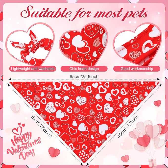 Retisee 100 Pieces Valentines Dog Bandanas Bulk Heart Puppy Bibs Triangle Dog Scarf Kerchief Set Pink Pet Bandanas for Valentines Day Pet Costume Accessories Decoration