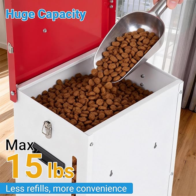 Heavy-Duty Metal Dog Feeder - 15LBS Food Capacity Automatic Gravity Dispenser, Powder Coated & Waterproof for Indoor & Outdoor Use, 10.2" L x 8.3" W x 19" H, Red and White