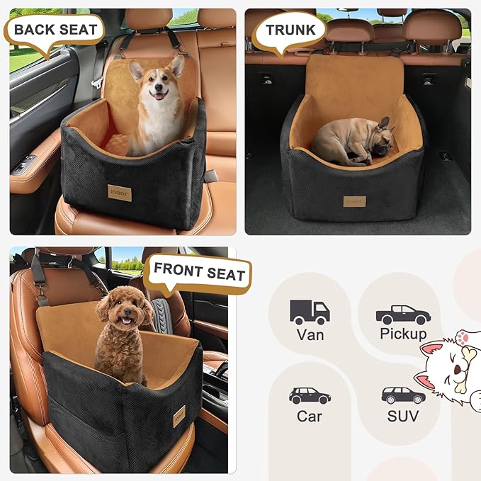 JOEJOY Dog Car Seats for Small Medium Dogs Under 30lbs, Dog Booster Seat with Detachable Washable Cover and Cushion, Memory Foam Pet Car Seat with Safety Belt and Storage Pockets (Brown)