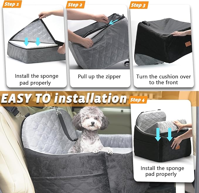 Dog Car Seat for Small/Medium Dog/Cat up to 30 lbs Memory Foam Pet Booster Seat with Detachable Washable Cover Travel-Safe Car Bed with Safety Belt/Storage Pockets Easy to Install
