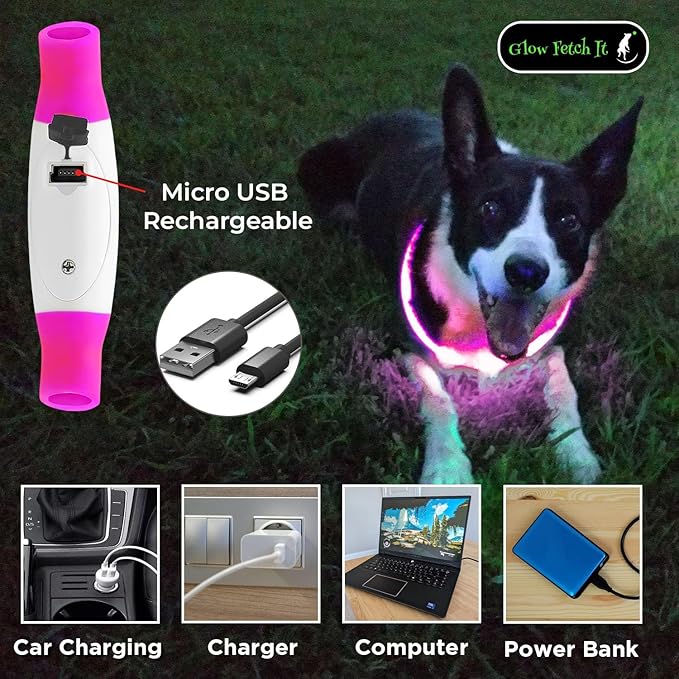 LED Dog Collar, Waterproof Light Up Dog Collar Rechargeable, Dog Safety Necklace for Night Walking, Adjustable Cut-to-Fit Silicone Collar Small Medium Large Dog 27.5” Cuttable (Pink)