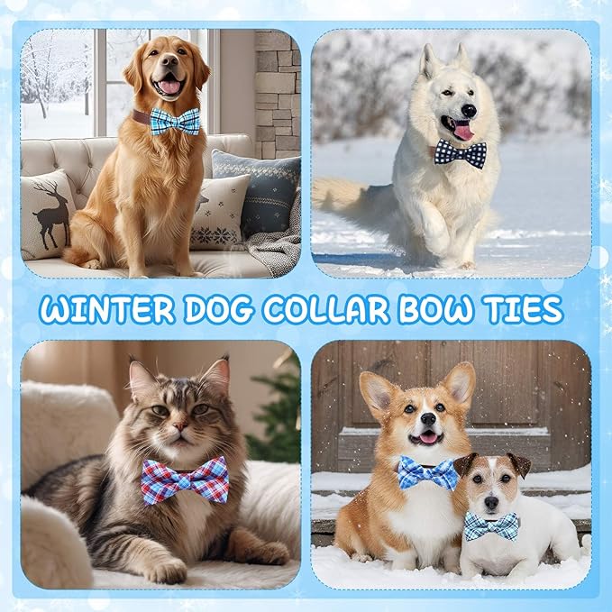 Silkfly 60 Pcs Winter Plaid Dog Collar Bow Ties Bulk Dog Bowtie Holiday Accessories Puppy Bows Detachable Collar Charms for Small Medium Large Dogs Cat Grooming Supplies Pet Costume