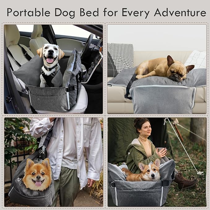 Dog Car Seat for Small/Medium Dogs Under 40 lbs - Elevated Pet Seat with Safety Belt, Non-Slip Base, and Storage Pockets for Car Travel (Gray, 30 x 20.5 inch)