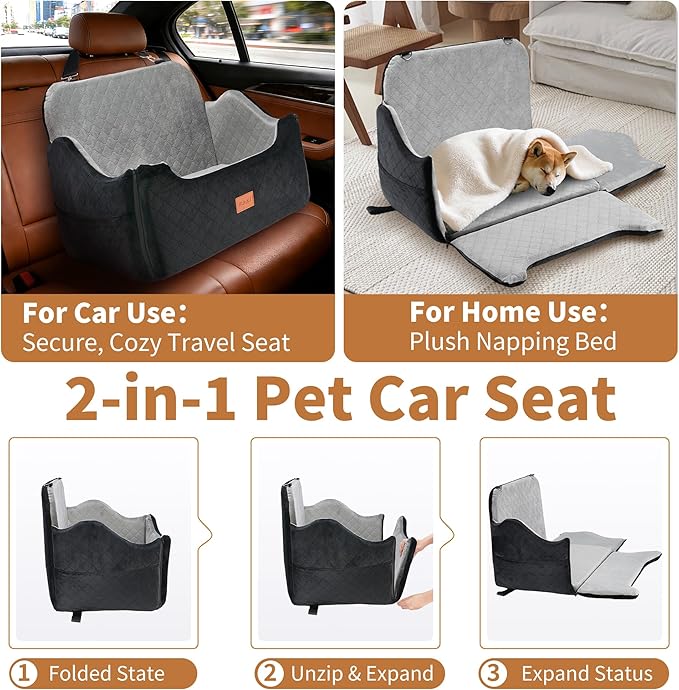 XEEP 2-in-1 Dog Car Seat for Medium/Large Dogs Up to 55 lbs – Dual-Use Booster Seat with Memory Foam, 2 Safety Leashes 2 Height-Adjust Cushions Bonus Urine Pad & Blanket, Removable Washable Cover Grey