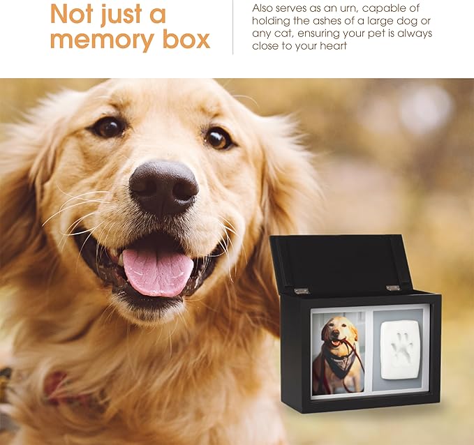 Pearhead Pet Memory Box & Urn – Solid Wood, Black Finish, Personalized Keepsake with Clay Paw-Print Kit & 4" × 6" Photo Frame – Holds Ashes, Collars, Special Toys & Memories
