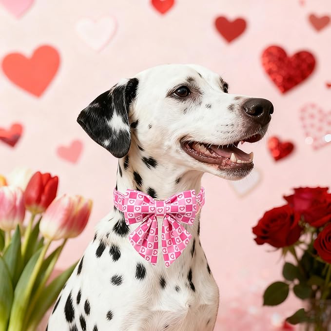 Maca Bates Valentine's Day Dog Collar with Sailor Bow for Small Girl Boy Dogs,Checkered Pink Love Hearts Pattern,Adjustable Durable Soft Plaid Valentine Gift for Female Male Puppy