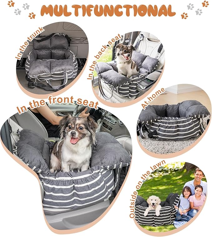 Small Dog Car Seats Washable Dog Booster Seat for Car Clip-On Leash and Cushion with Storage Pockets Under 25lbs Portable Travel Pet,Black with Handle