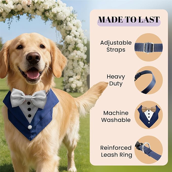 AVERYDAY Dog Tuxedo Wedding Outfit Bandana Collar with Bow Tie, Dog Tux Costume Suit with Bowtie for Small Medium Large Dogs & Cats, Pet Tuxedo Formal Wear for Engagement Birthday, Holiday, Christmas