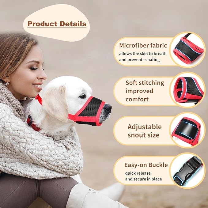HEELE Dog Muzzle,Soft Nylon Muzzle Anti Biting Barking Chewing,Air Mesh Breathable Drinkable Adjustable Loop Pets Muzzle for Small Medium Large Dogs 4 Colors 4 Sizes (Red, M)